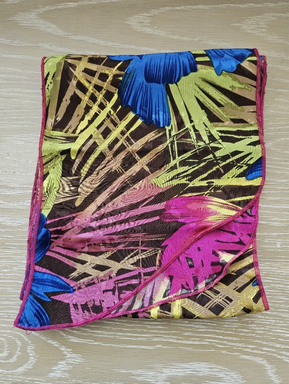 Vintage Tropical Floral Oblong Scarf Bright Blue Hibiscus Palm Leaves Pink